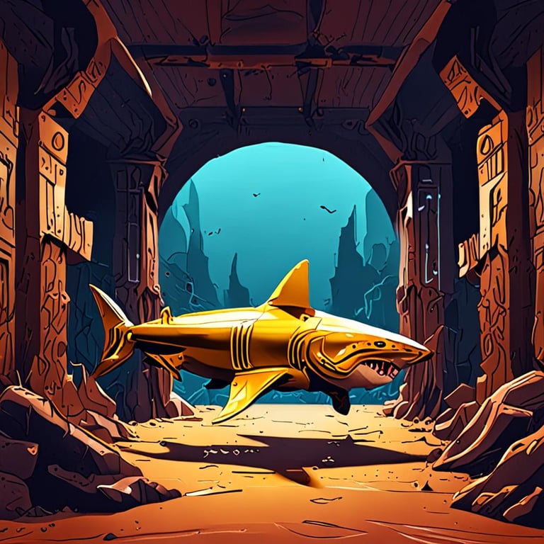 a metal golden shark underwater in a stone structure