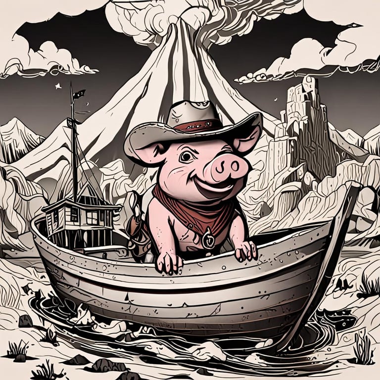 Pink pig wearing a cowboy hat sailing on the ocean, with mountains in the background