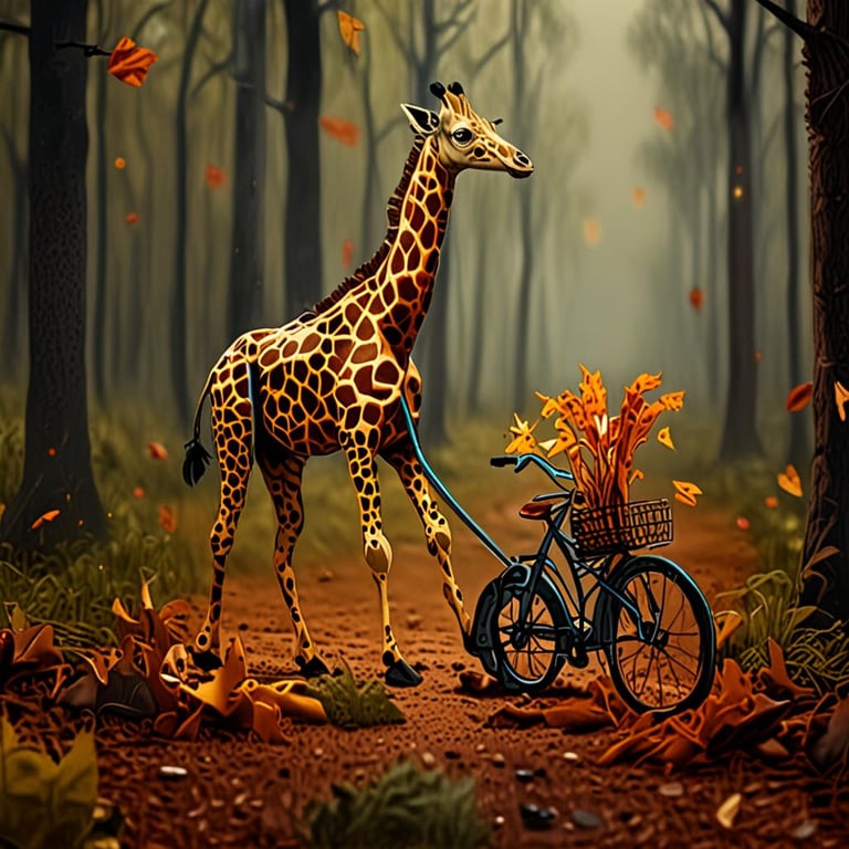 A giraffe in a forest being pulled by a bicycle with leaves in its basket