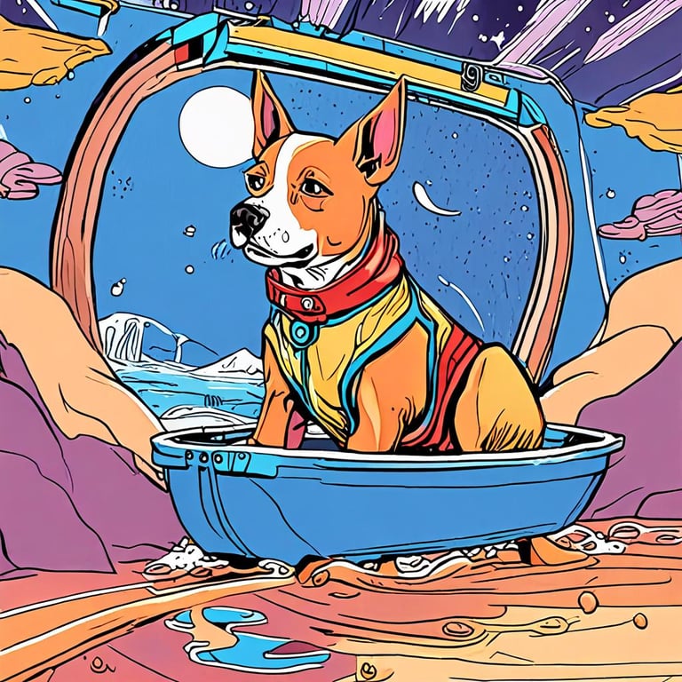 A dog sitting in a boat, with a comic book look/feel