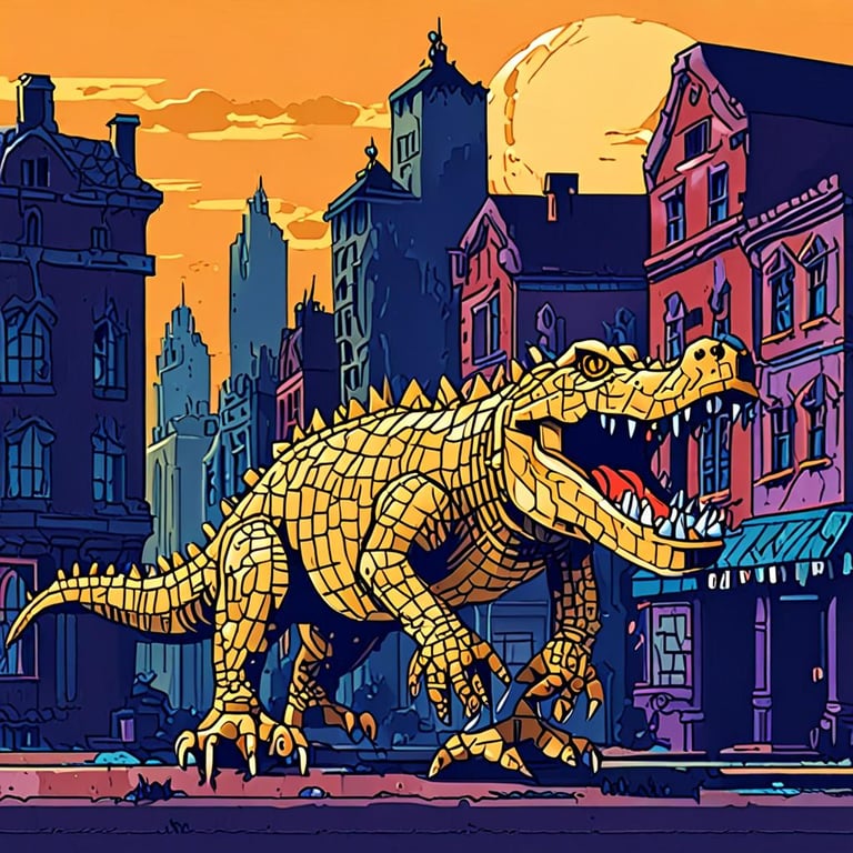 Yellow dinosaur walking the city street at dusk