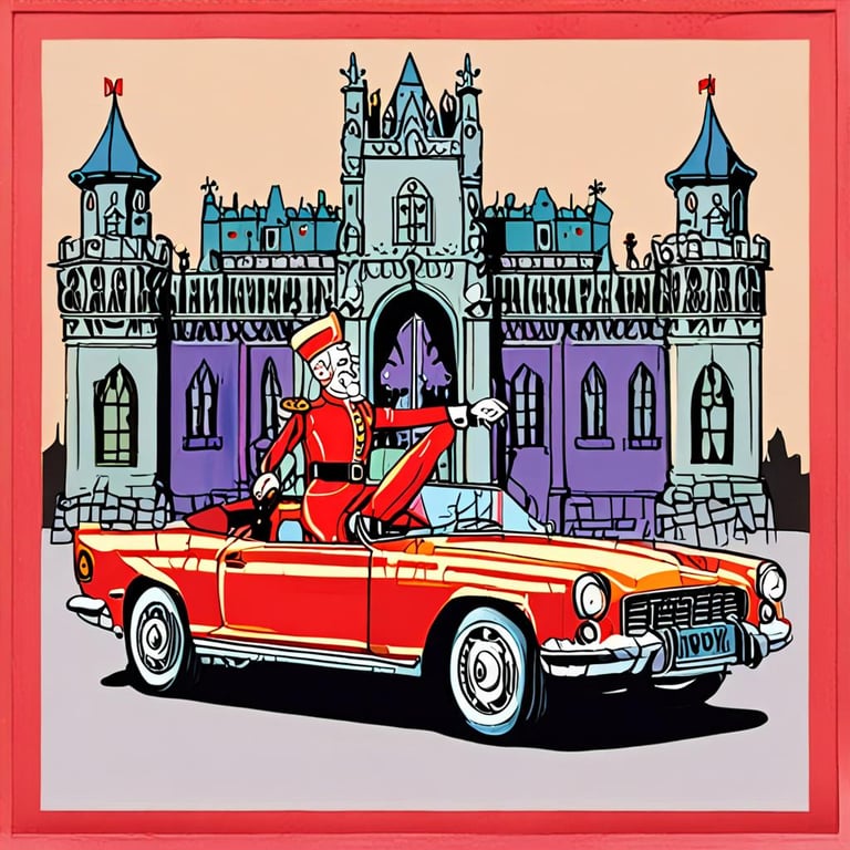 a blue and purple palace in the background with a nut-cracker person riding a red convertible